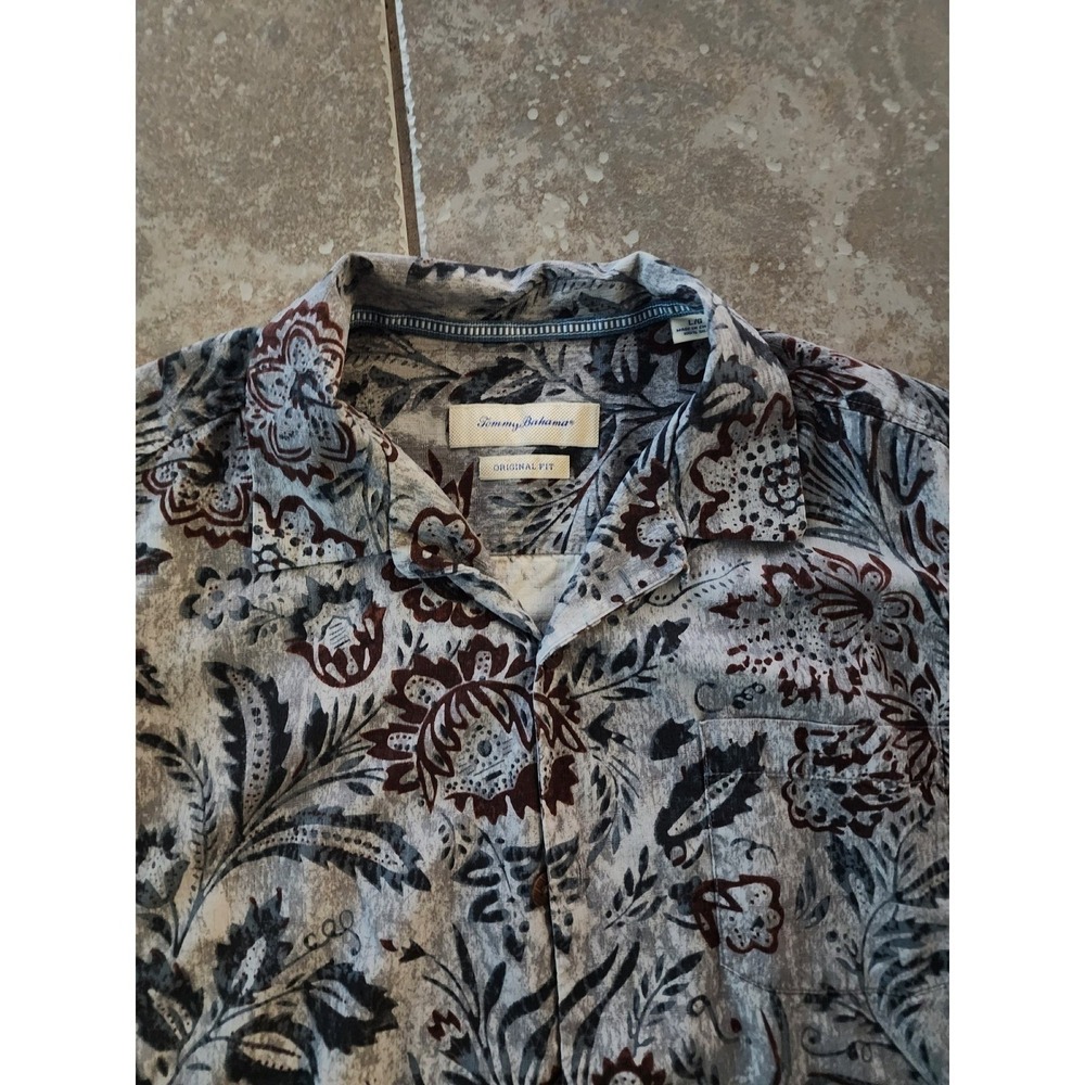 Tommy Bahama Mens Large Original Fit 100% Silk Floral Camp Shirt Grey Blue Red